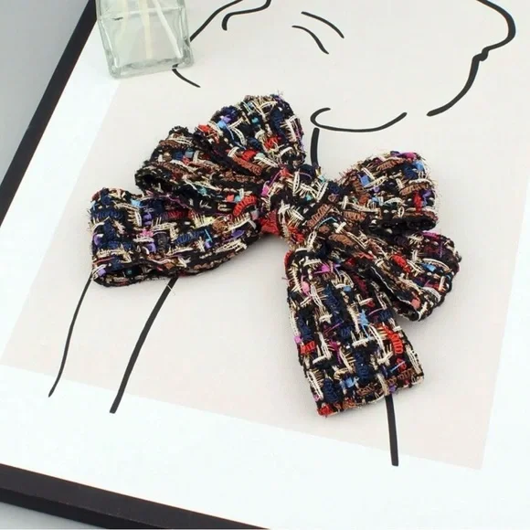 Multicolor Tweed Bow Tie Brooch - Picture 3 of 12